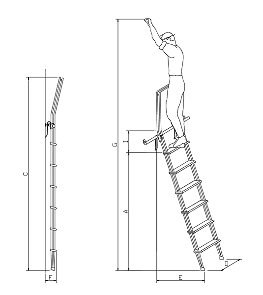 Scala con ganci con montanti in acciaio inox e gradini in alluminio